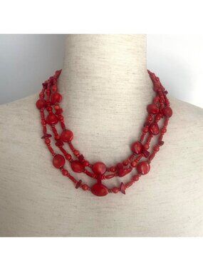 Lucas Lameth Sterling Silver 925 Triple Strand Beaded Red Coral Necklace 18"